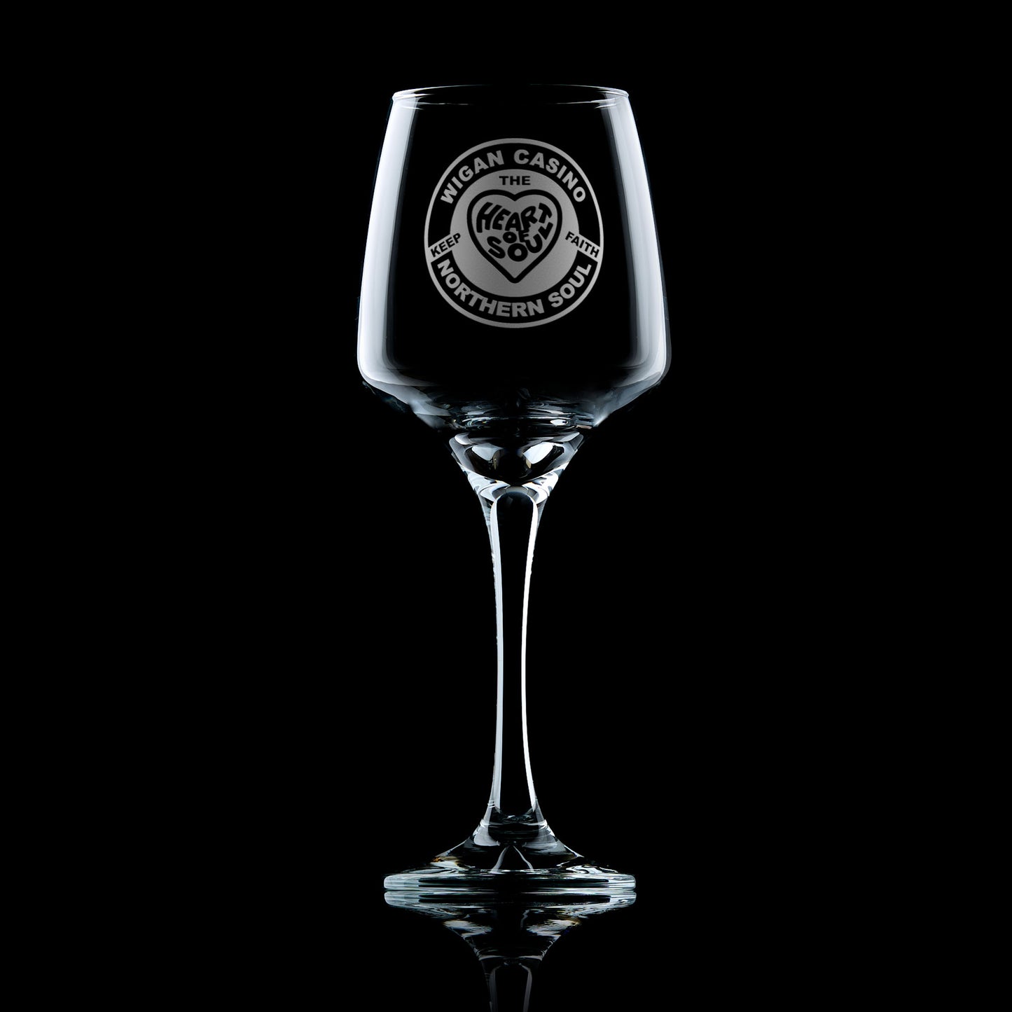 

Engraved wine glass with Northern Soul love heart Wigan Casino patch design featuring the words “Heart and Soul” and “Keep the Faith”