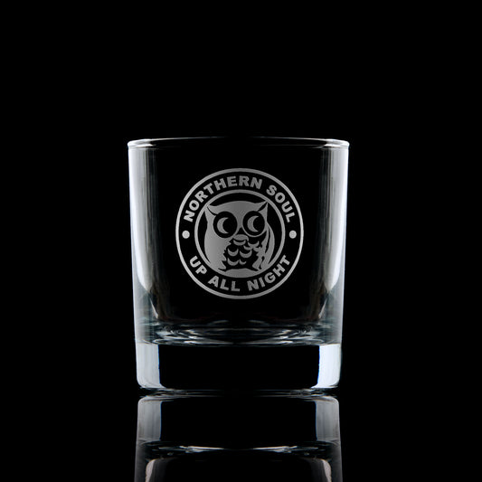 whisky tumbler wengraved with a northern soul night owl design