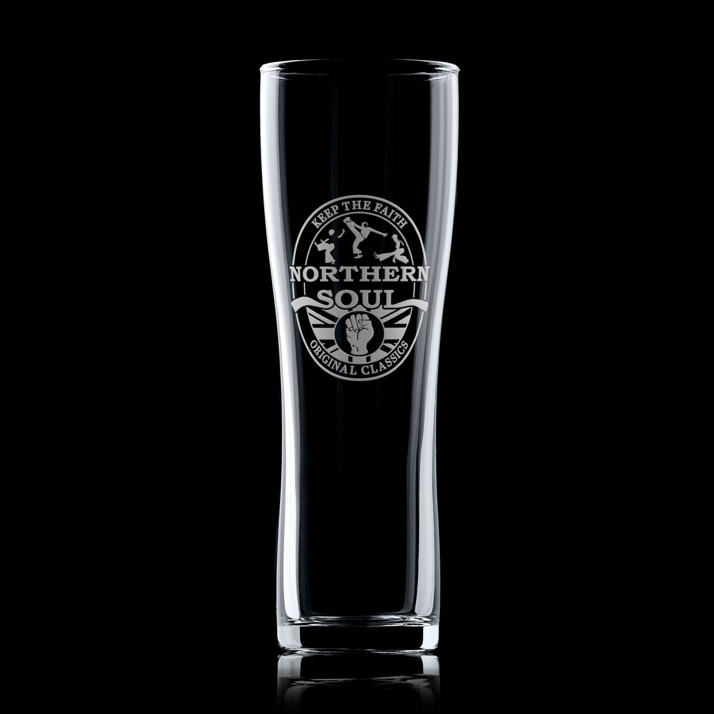 Tall pint glass with 'Northern Soul' logo on a black background
