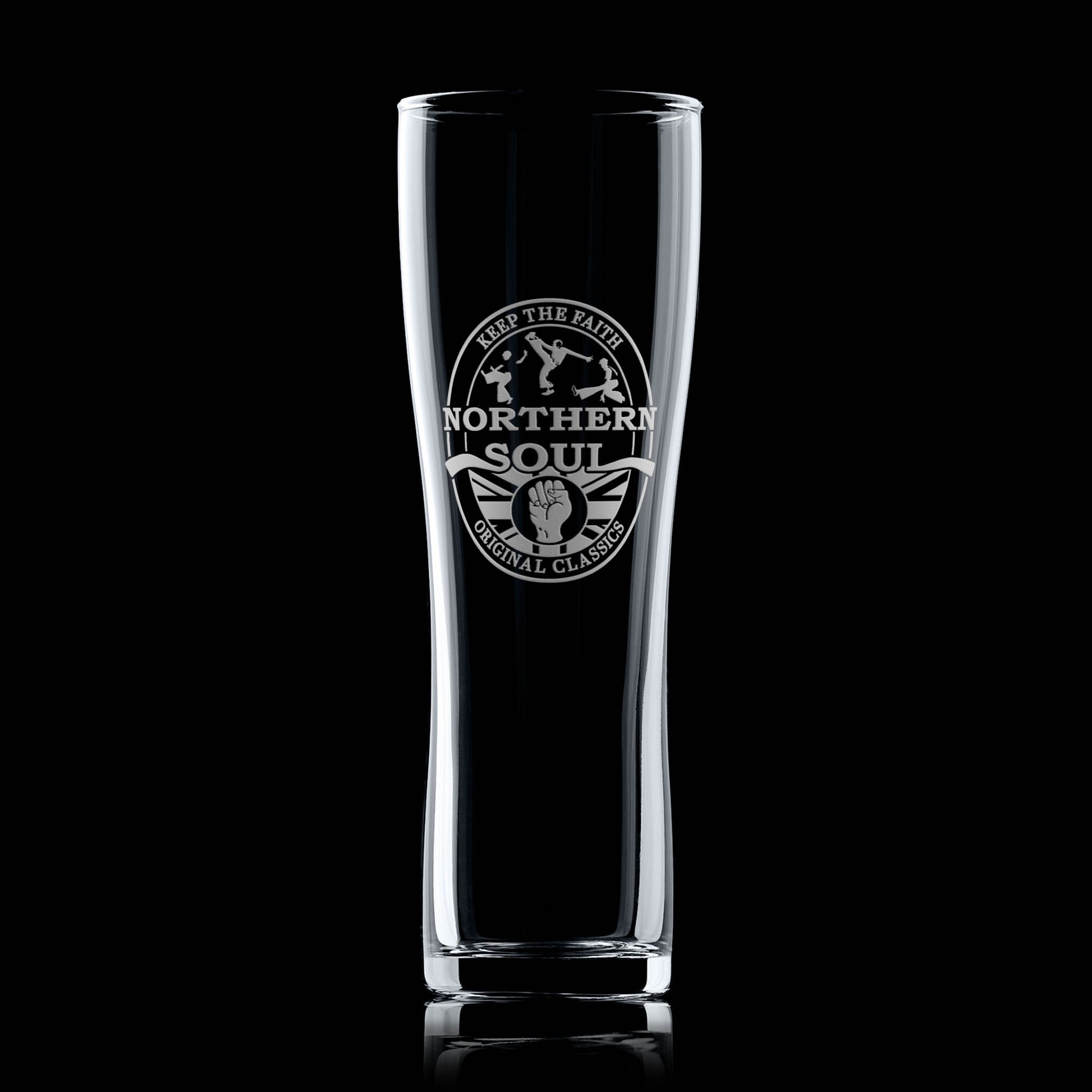 Tall pint glass with 'Northern Soul' logo on a black background