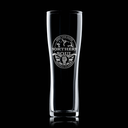 Tall pint glass with 'Northern Soul' logo on a black background