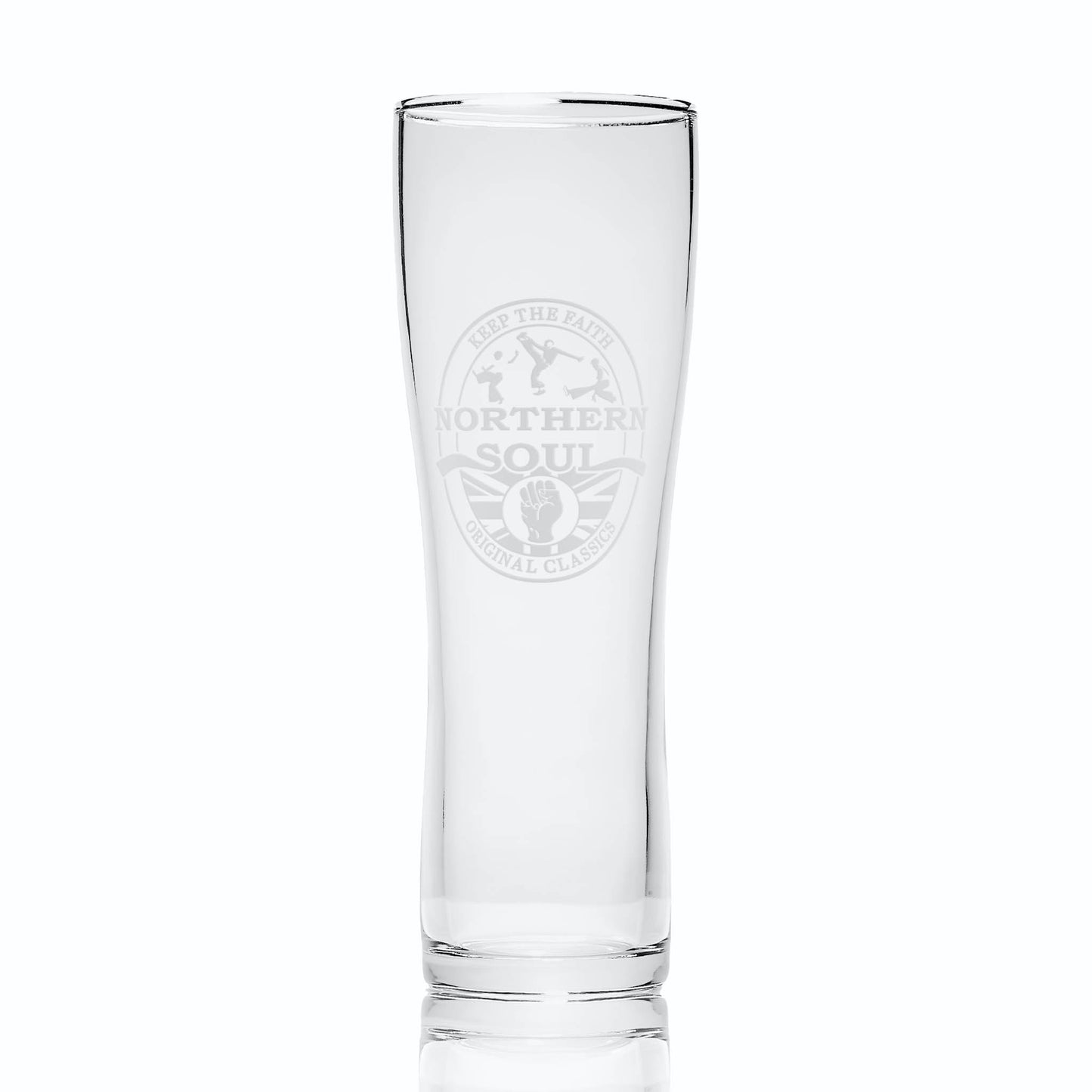 Tall beer pint glasses engraved with a northern soul clenched fist etched design