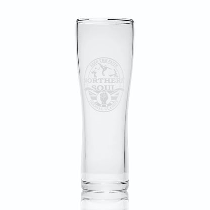 Tall beer pint glasses engraved with a northern soul clenched fist etched design