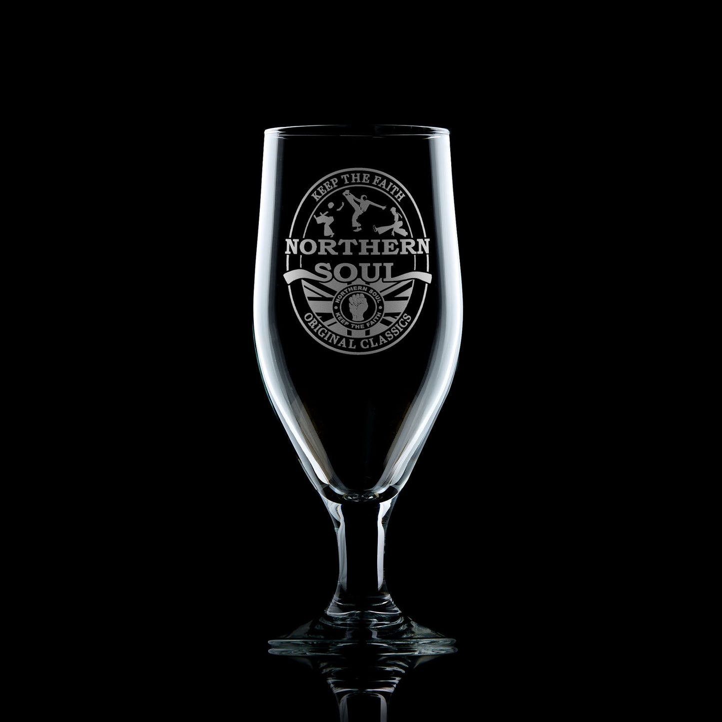 Chalice beer glass engraved with northern soul clenched fist and keep the faith design