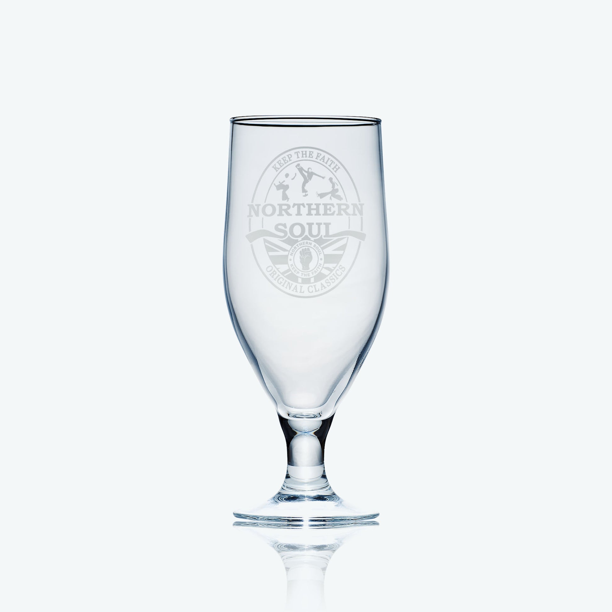 Chalice beer glass engraved with northern soul clenched fist and keep the faith design