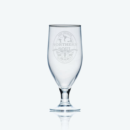 Chalice beer glass engraved with northern soul clenched fist and keep the faith design