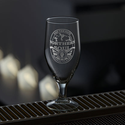 Chalice beer glass engraved with northern soul clenched fist and keep the faith design