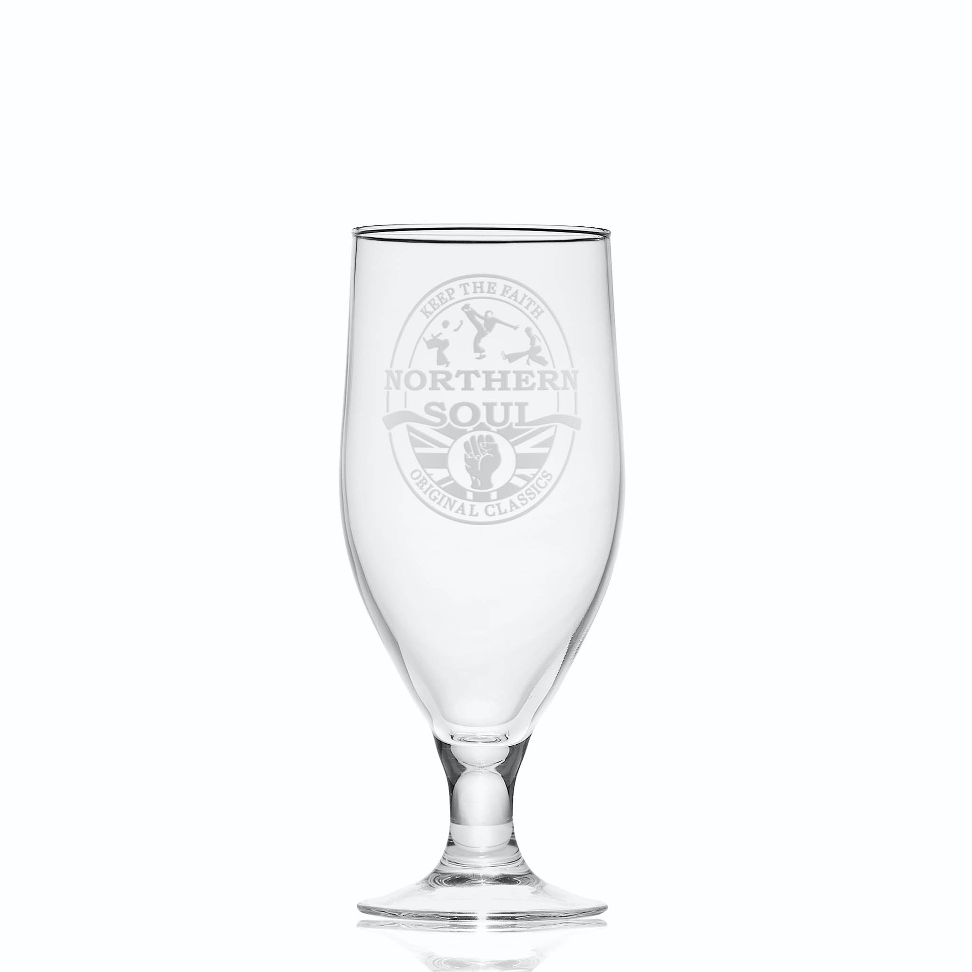 Stemmed beer glass engraved with a Northern Soul keep the faith design