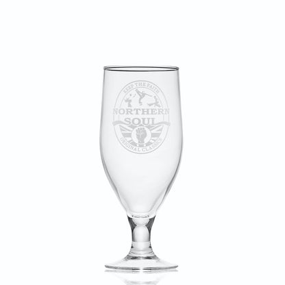 Stemmed beer glass engraved with a Northern Soul keep the faith design