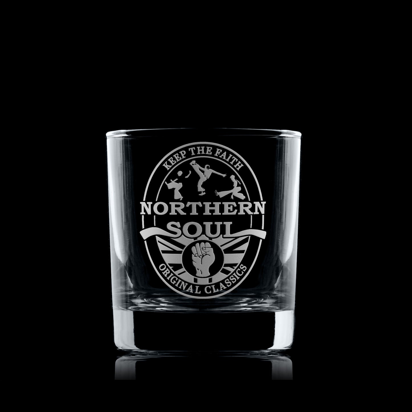 Engraved whisky glass with Northern Soul oval beer mat design featuring clenched fist, Union Jack, silhouette dancers, and “Keep the Faith / Original Classics” text