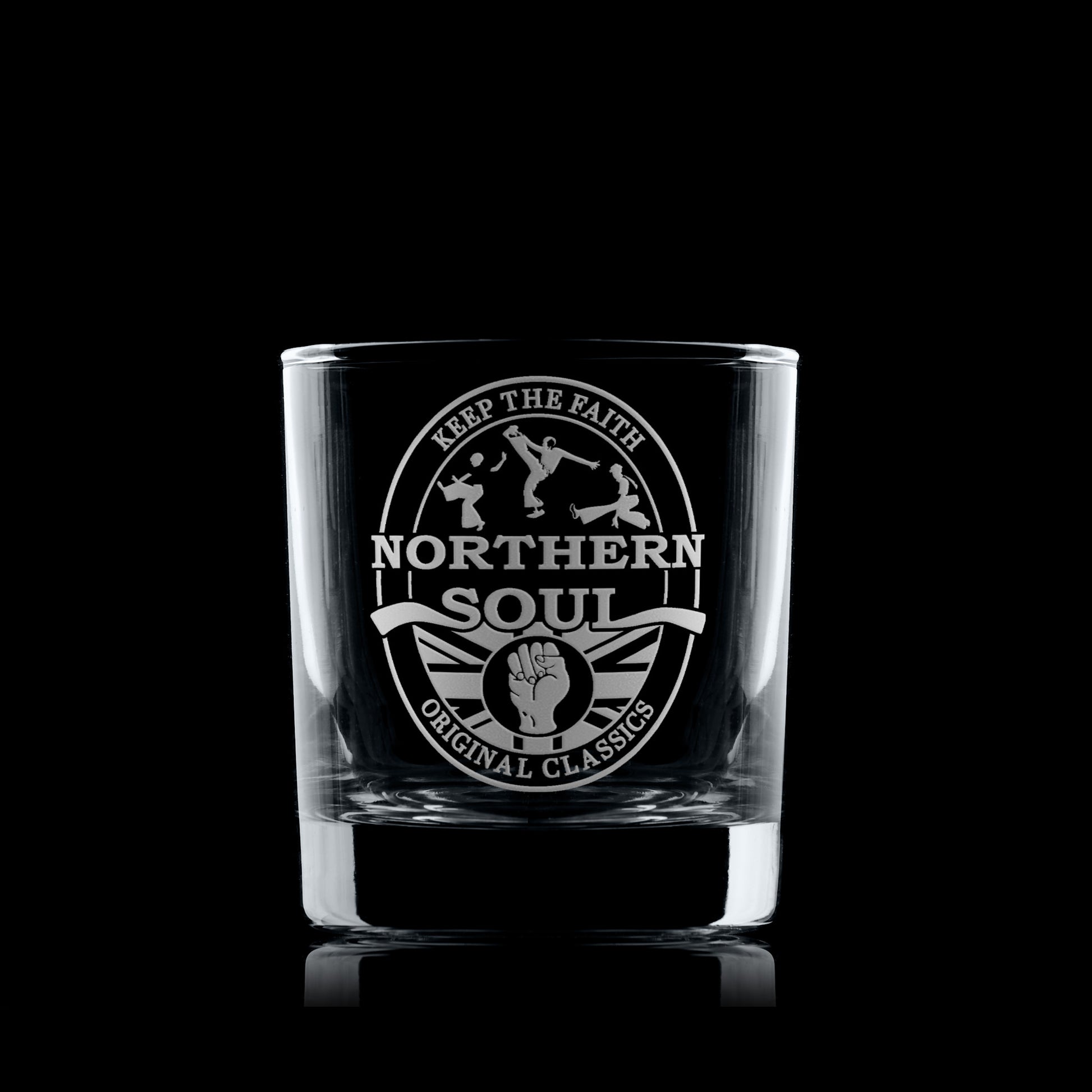 Engraved whisky glass with Northern Soul oval beer mat design featuring clenched fist, Union Jack, silhouette dancers, and “Keep the Faith / Original Classics” text