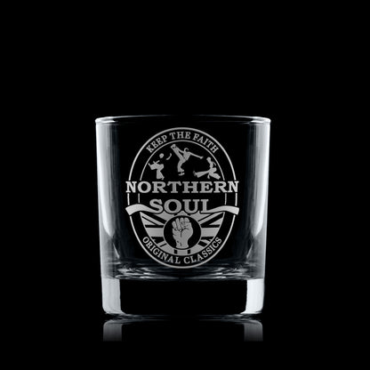 Engraved whisky glass with Northern Soul oval beer mat design featuring clenched fist, Union Jack, silhouette dancers, and “Keep the Faith / Original Classics” text