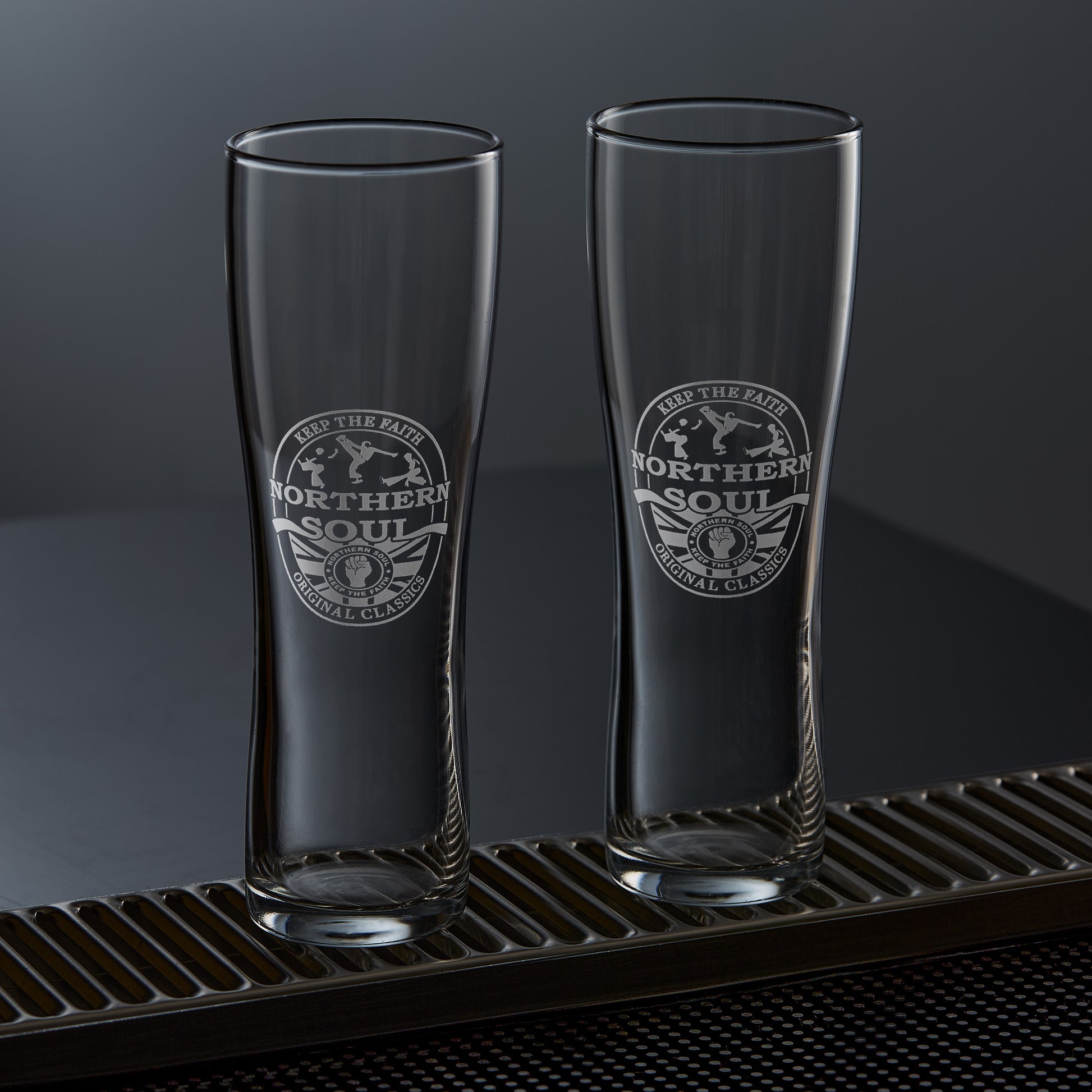 craft beer pint glasses engraved with a northern soul clenched fist etched design