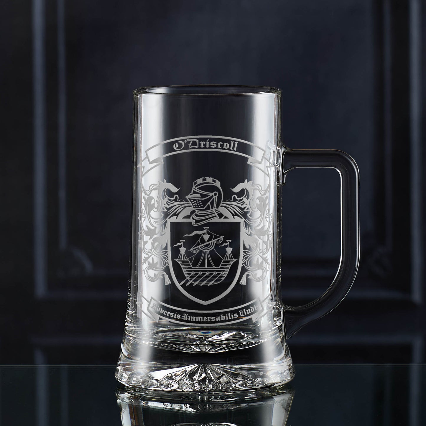 Hand-engraved glass beer tankard with heraldic coat of arms — satin sandblasted finish.