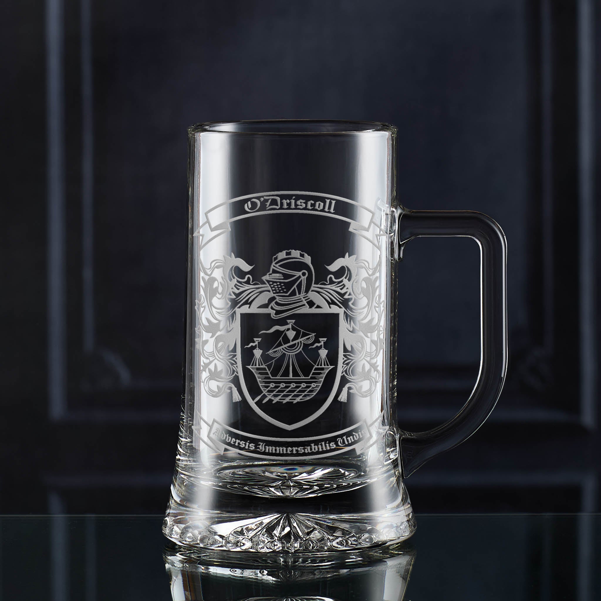 Hand-engraved glass beer tankard with heraldic coat of arms — satin sandblasted finish.