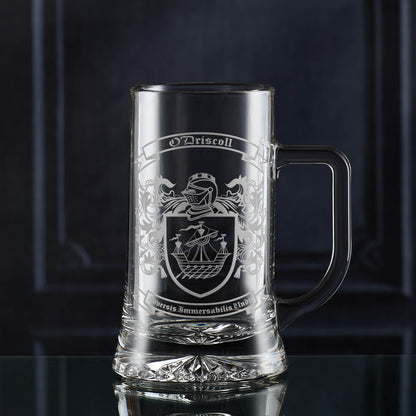 Hand-engraved glass beer tankard with heraldic coat of arms — satin sandblasted finish.