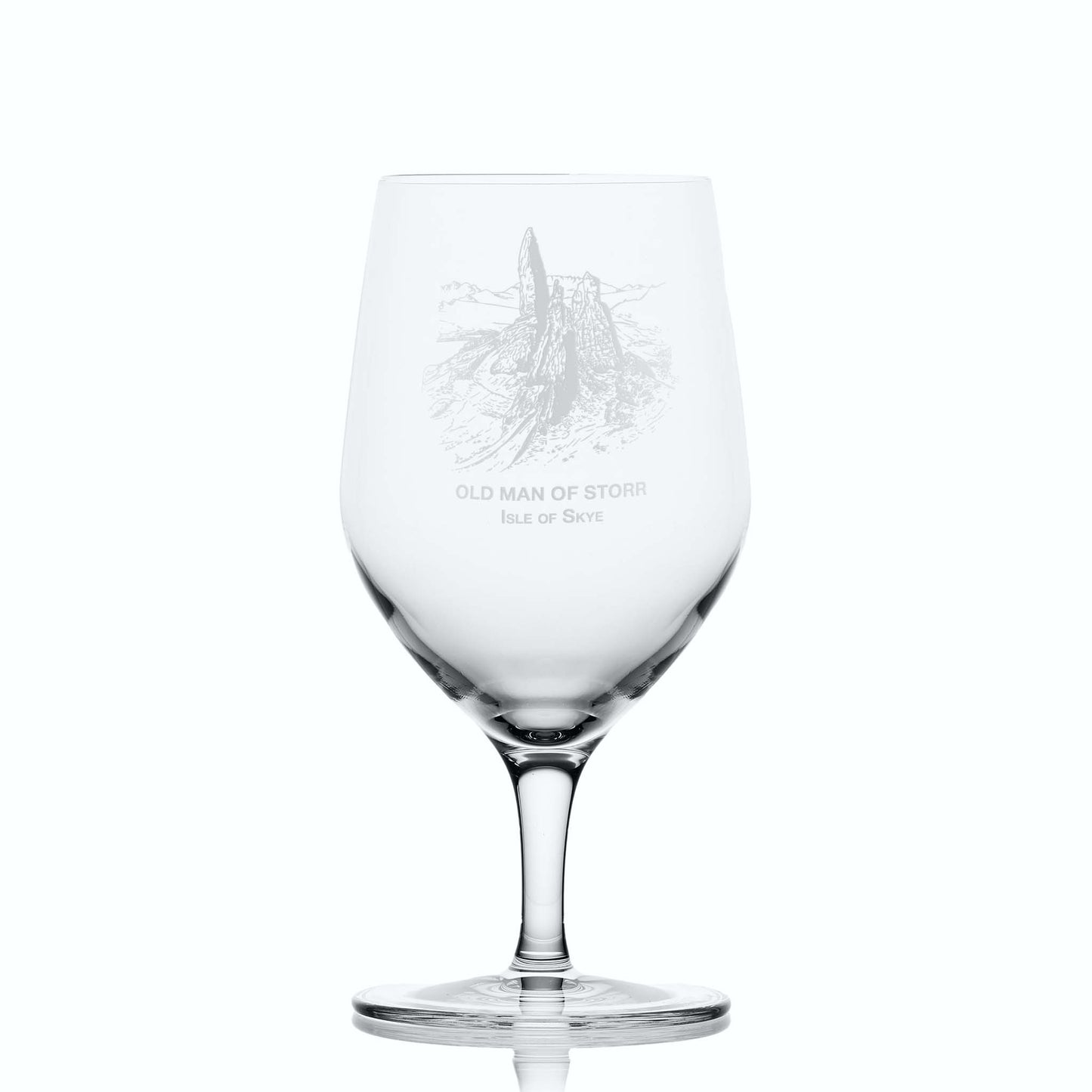 Elegant 450ml mineral water glass with Old Man of Storr design, shown on white background to highlight shape and clarity