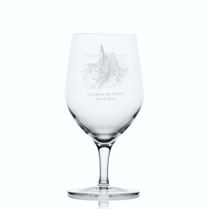 Elegant 450ml mineral water glass with Old Man of Storr design, shown on white background to highlight shape and clarity