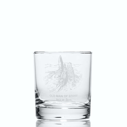 Whisky tumbler with engraved Old Man of Storr and Isle of Skye design, shown on white background to highlight shape and form