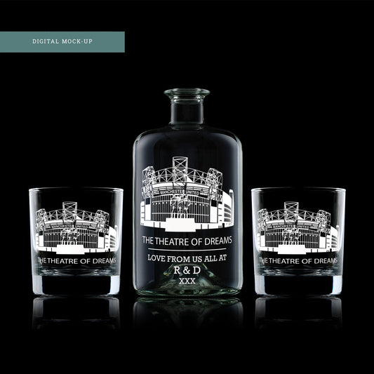 Digital mock-up of an engraved whisky decanter and two matching tumblers with club-inspired design.
