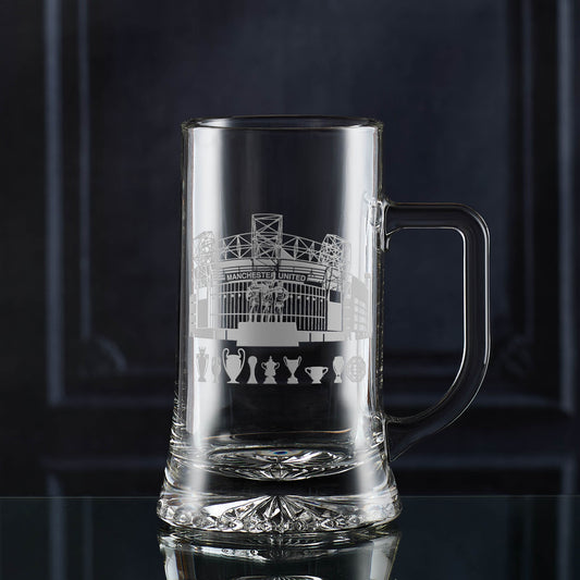 Engraved Football tankard with Old Trafford and trophy engraved design on a dark background