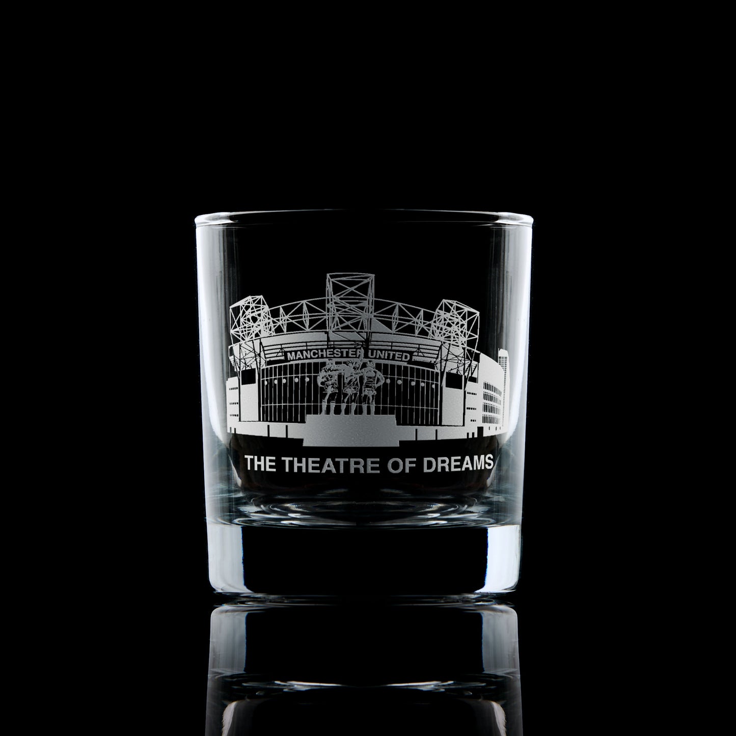 whisky glass engraved with Old Trafford Football Stadium