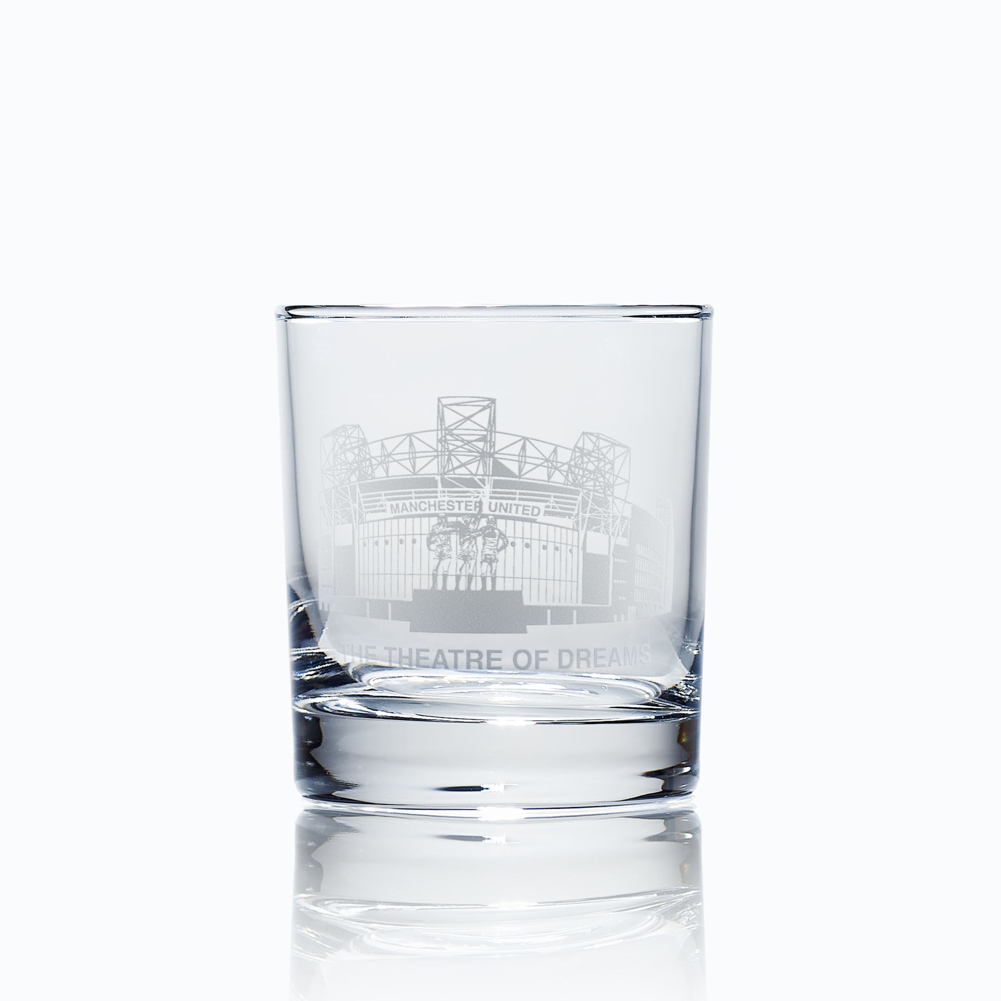 whisky glass engraved with Old Trafford Football Stadium