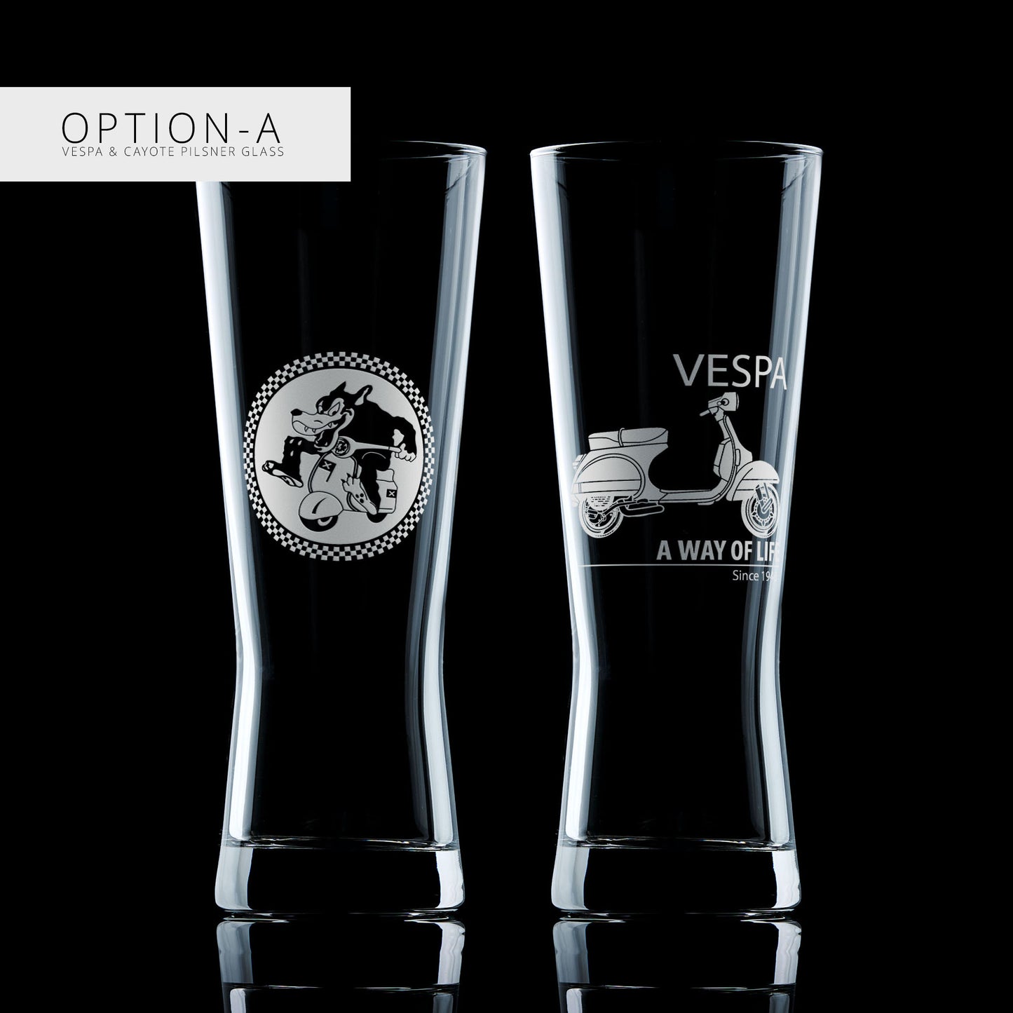 Two pint pilsner glasses with Vespa and Coyote designs on a black background