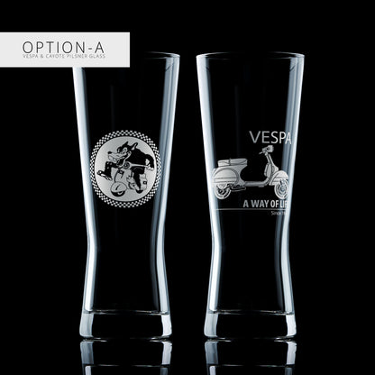 Two pint pilsner glasses with Vespa and Coyote designs on a black background