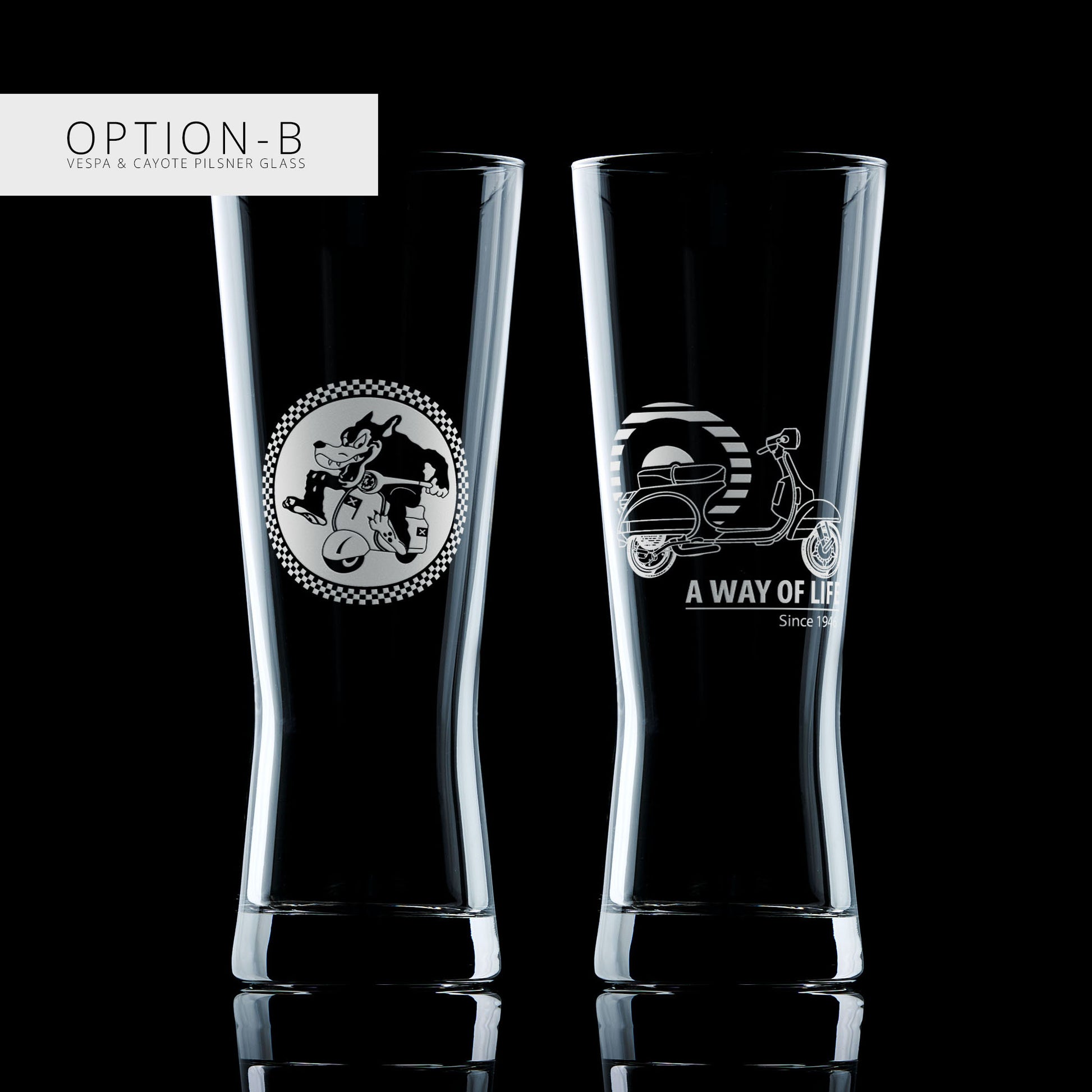 Two pilsner glasses with engraved scooterist designs on a black background