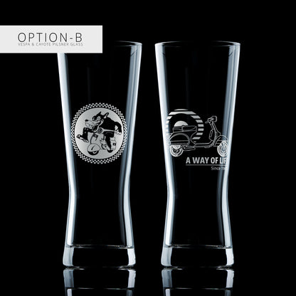 Two pilsner glasses with engraved scooterist designs on a black background