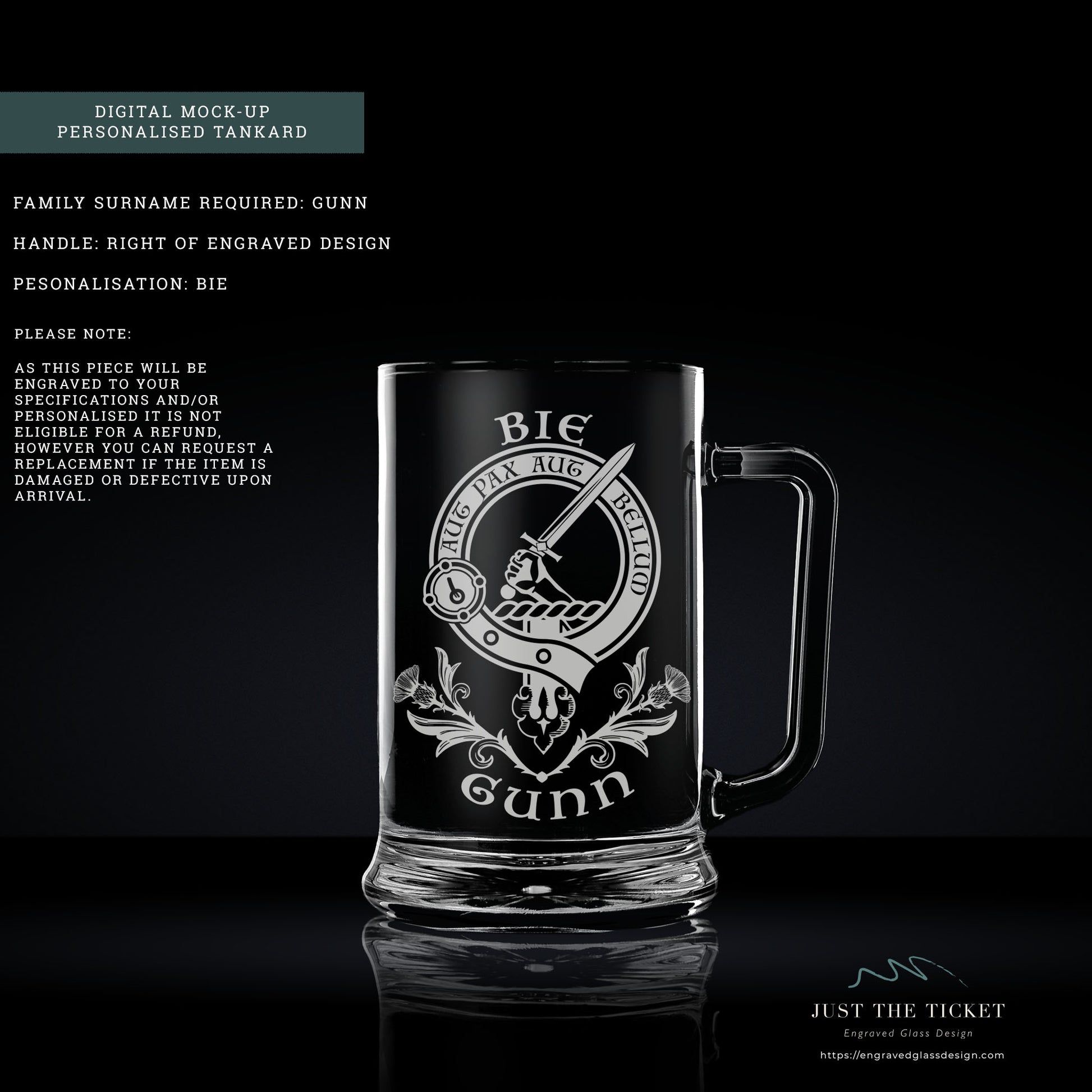 digital mock-up image of a glass tankard engraved with scottish clan crest Gunn