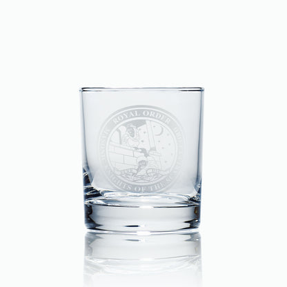 Masonic whisky glass featuring Order of the Scarlet Cord emblem on white background