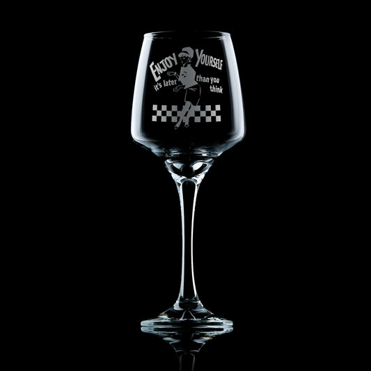 Engraved wine glass featuring the Original Beat Girl on a checkerboard floor with ska lyrics 