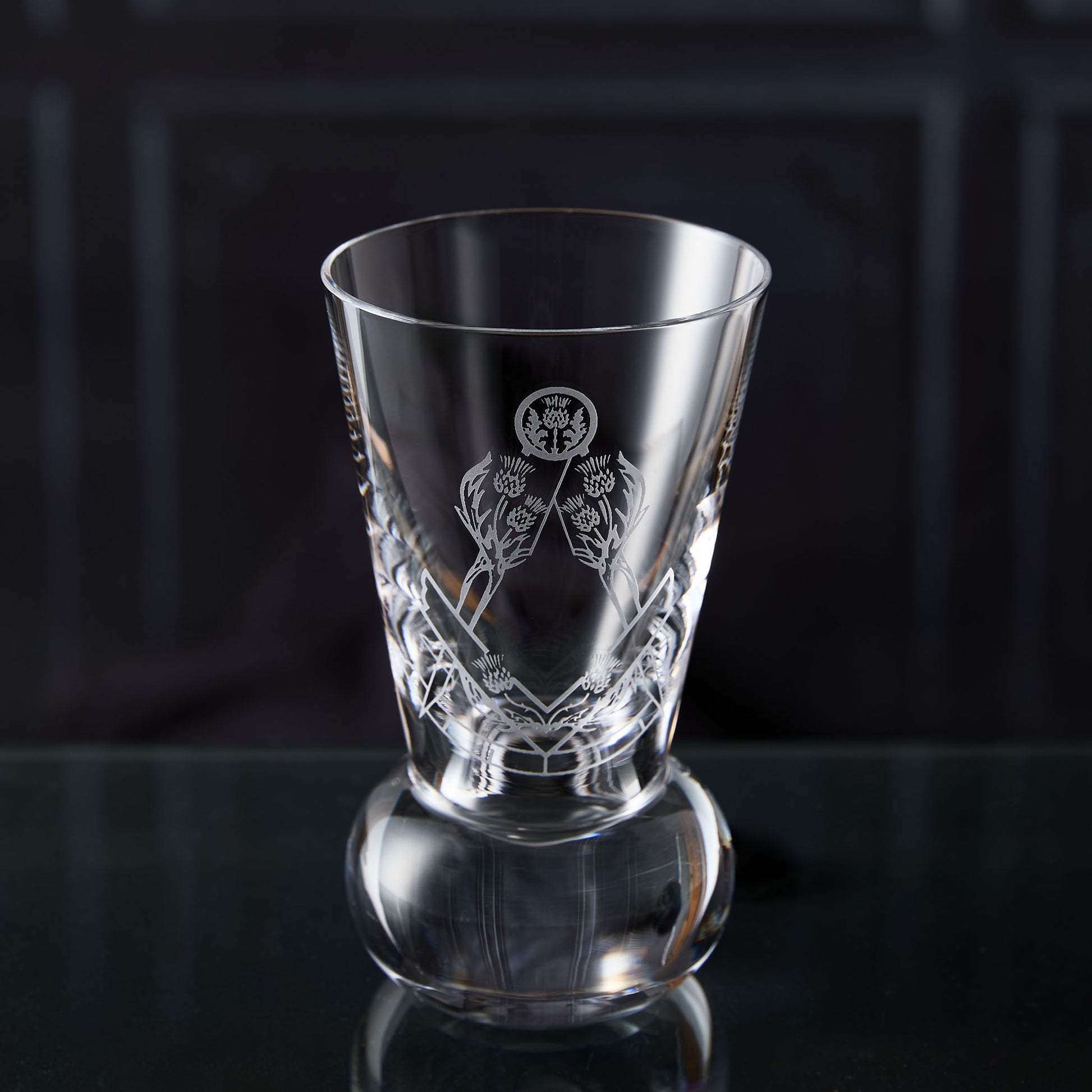 Masonic firing glass engraved with Scottish Constitution Immediate Past Master collar jewel on dark background