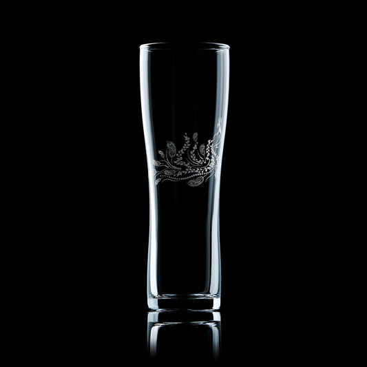 tall engraved pint glass etched with a peacock  and peafowl feathers