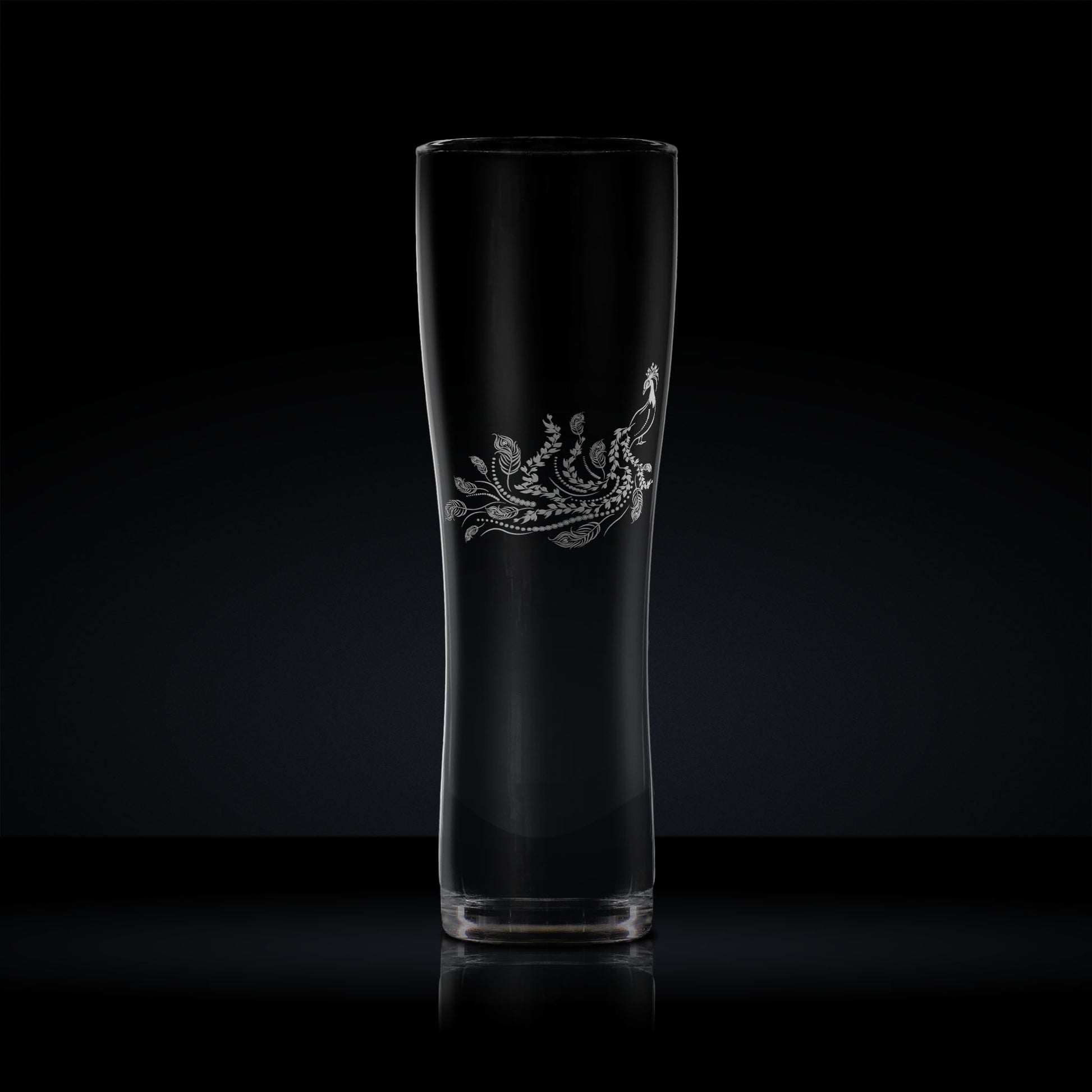 engraved craft beer pint glass etched with a peacock 