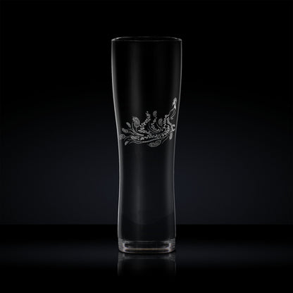 engraved craft beer pint glass etched with a peacock 