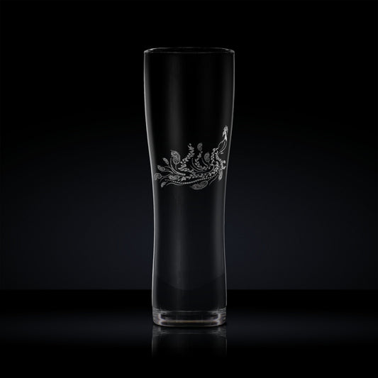 engraved craft beer pint glass etched with a peacock 