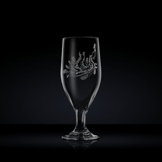 engraved stemmed beer glass etched with a peacock 