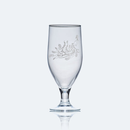 engraved stemmed beer glass etched with a peacock 