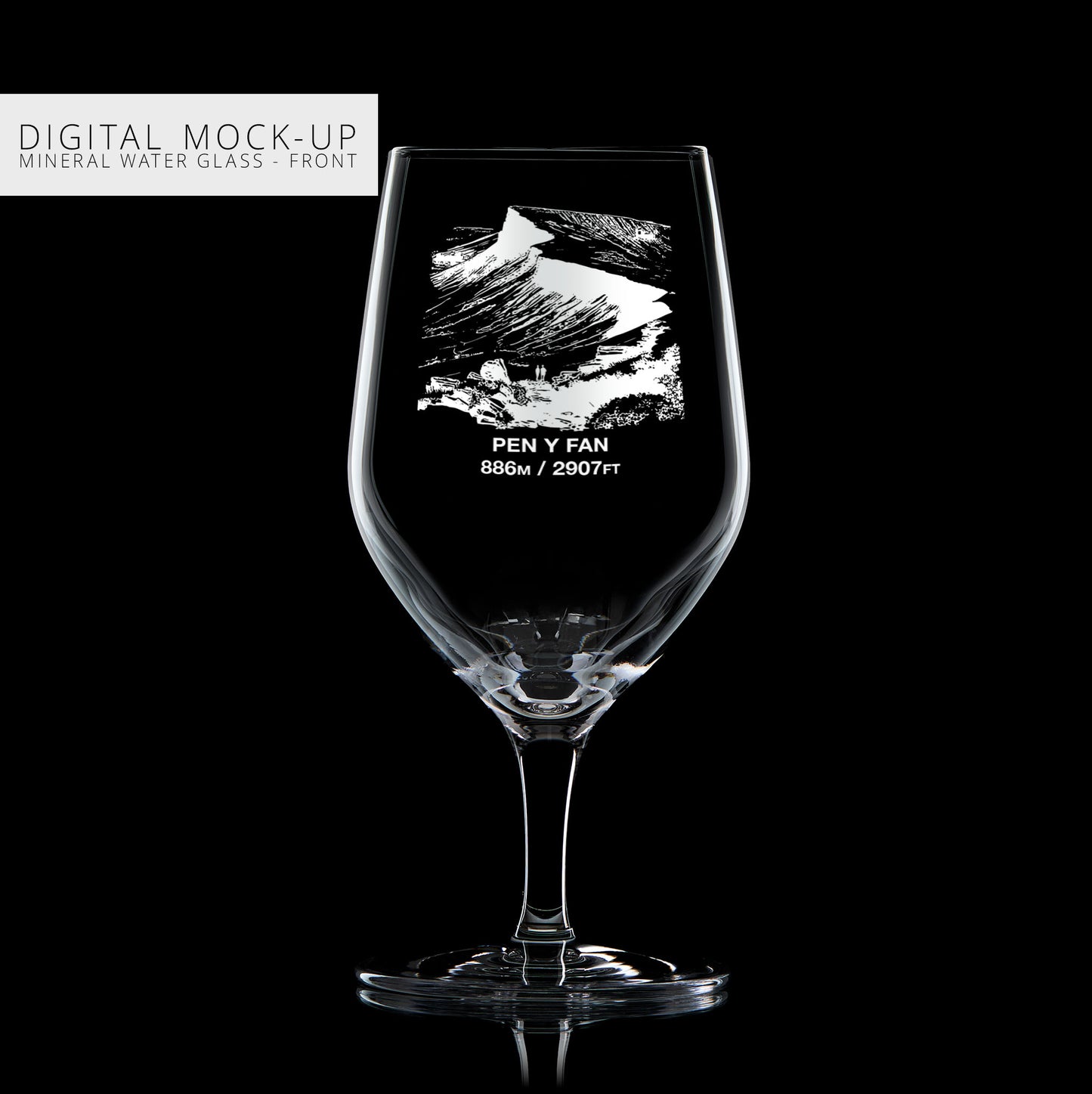 Mock-up illustration of a mineral water glass with engraved Pen Y Fan mountain design and personalised text on a black background