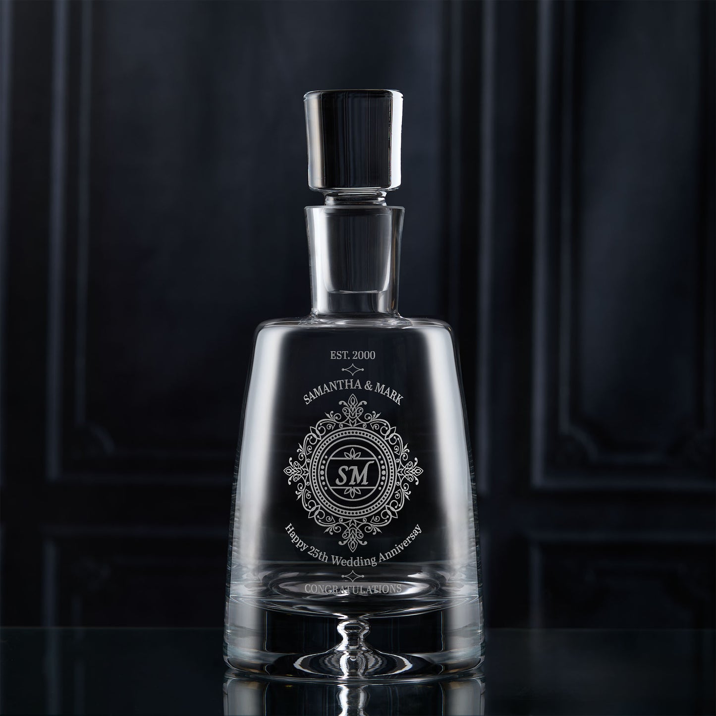 Anniversay decanter engraved with a personalised message and custom design