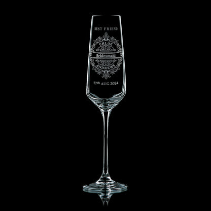 Bridesmaid's champagne flute featuring an inricate lacework pattern and personalised with their name and date of wedding