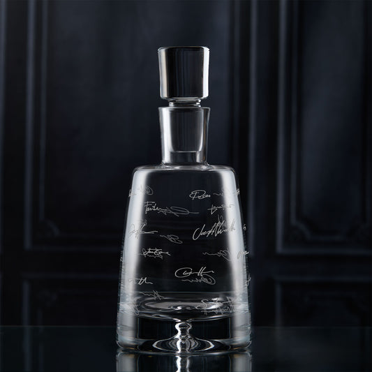 Personalised whisky and spirit decanter engraved with employee and teammates signatures