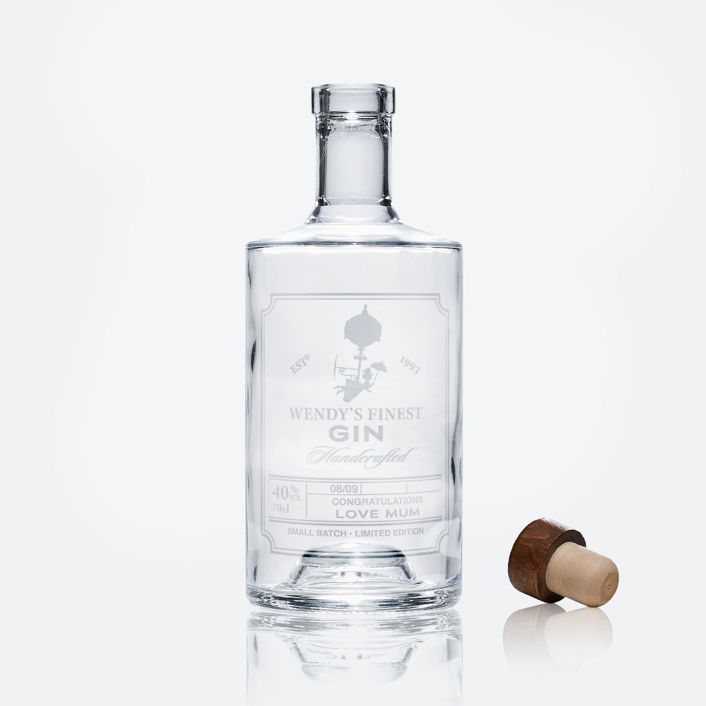 personalied etched gin bottle with engraved lady and hot air balloon