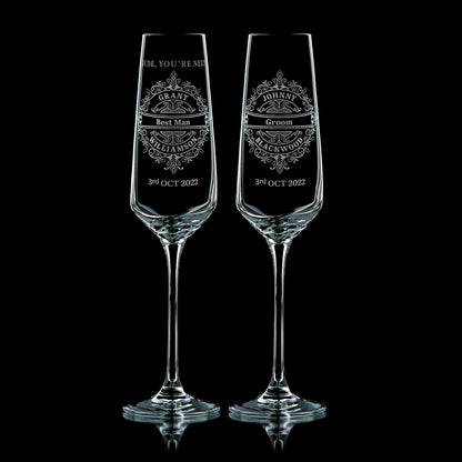 Pair of wedding champagne Flutes personalised with groom and bestmans names and special message