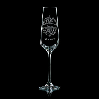Personalised champagne flute engraved with Grooms name and wedding date