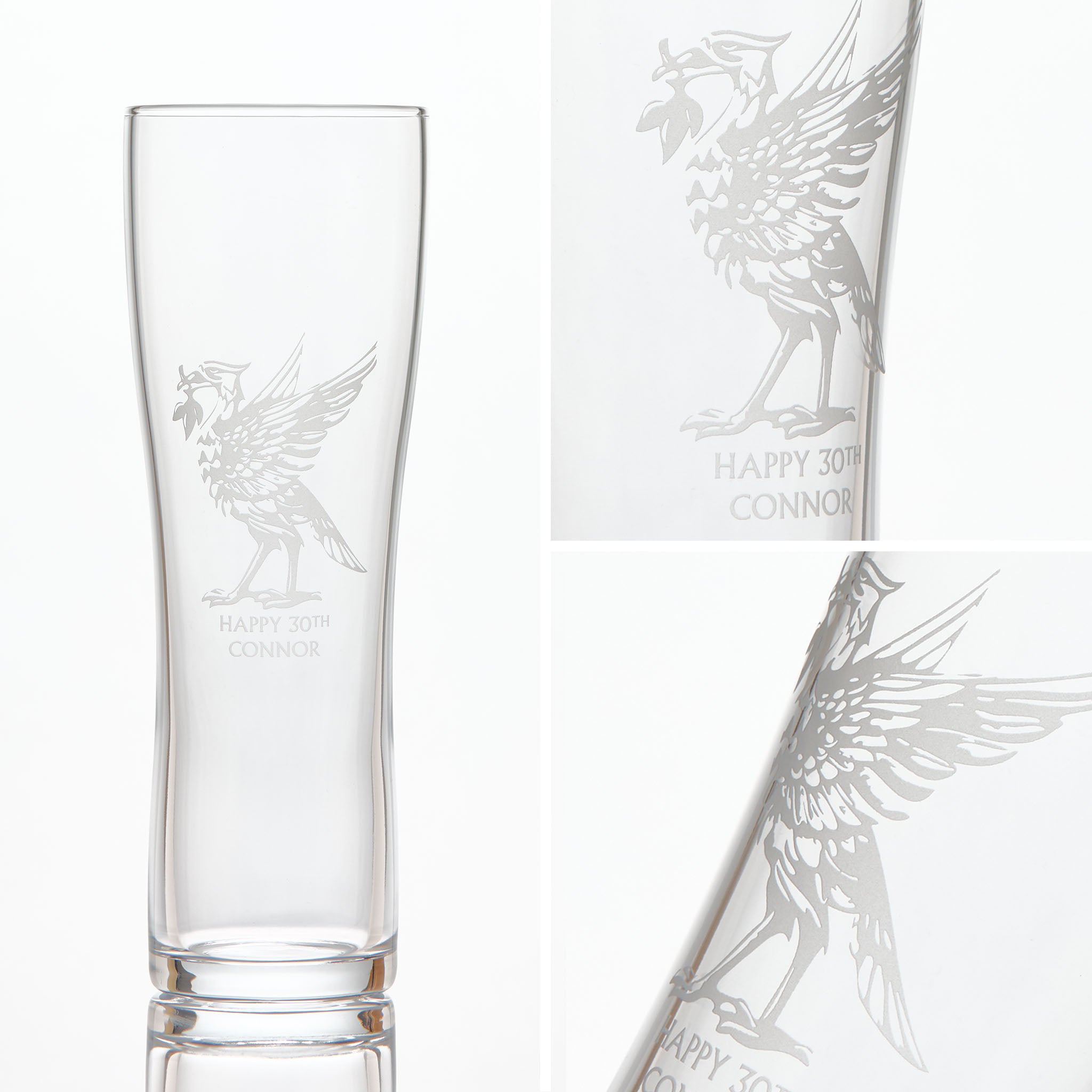 Detail of engraved pint glass featuring Bella, Liverpool's female Liverbird personalised with birthday greetings