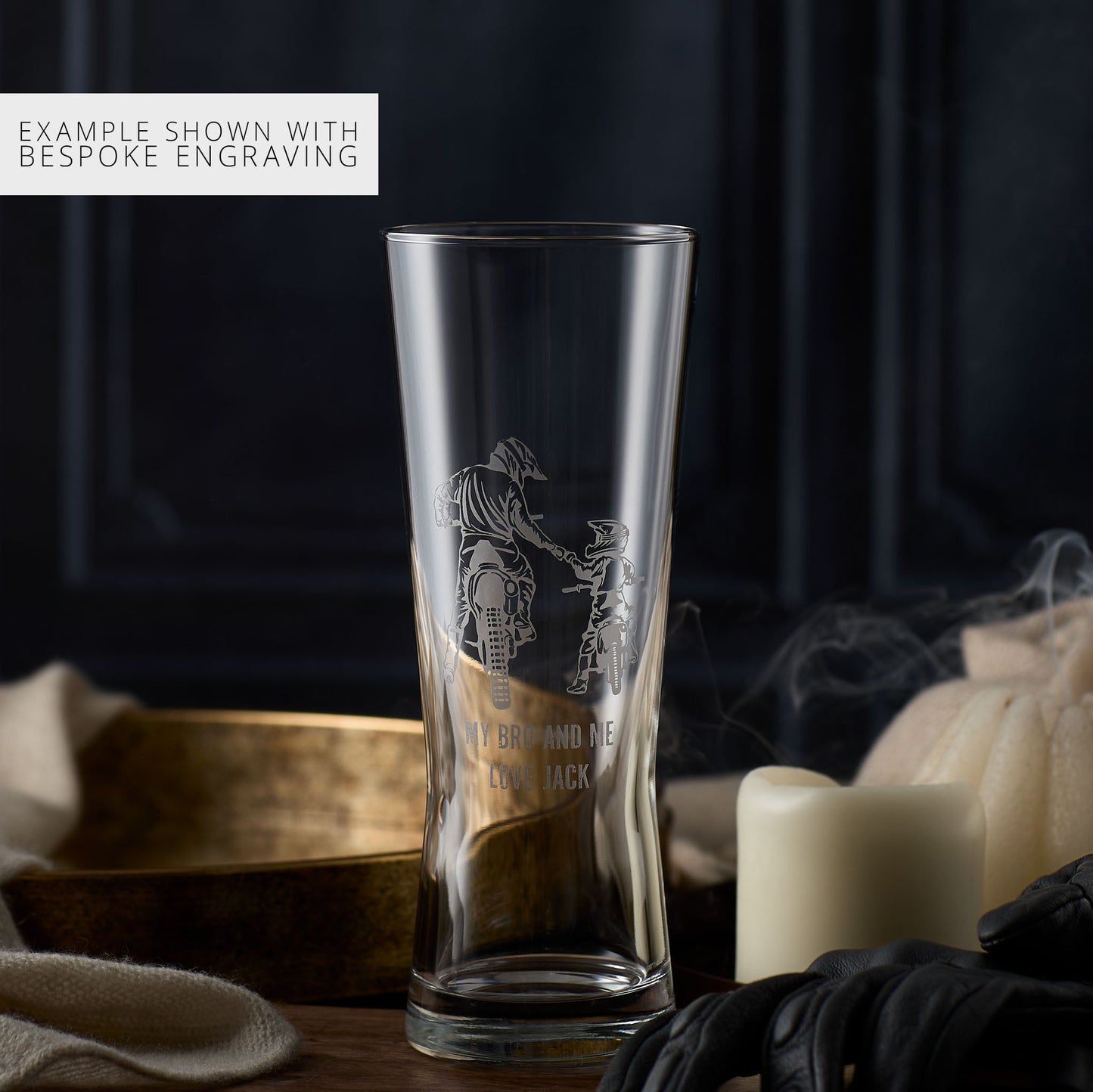 personalised pint glass engraved with two figures riding motobikes